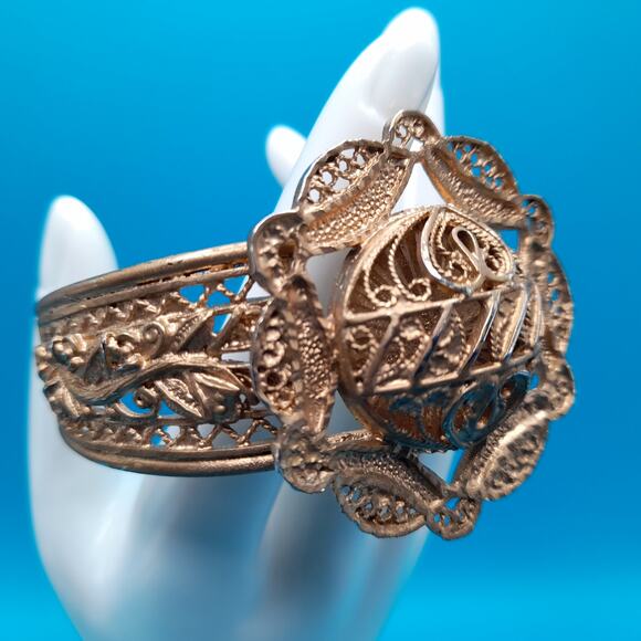 Vintage Gold Tone Filigree Openwork Cuff Bracelet, Egyptian Revival, 6 1/2 Inch - Picture 8 of 13